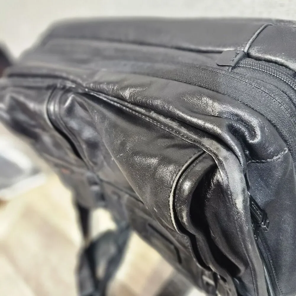 TUMI Black Leather Expandable Laptop Briefcase
